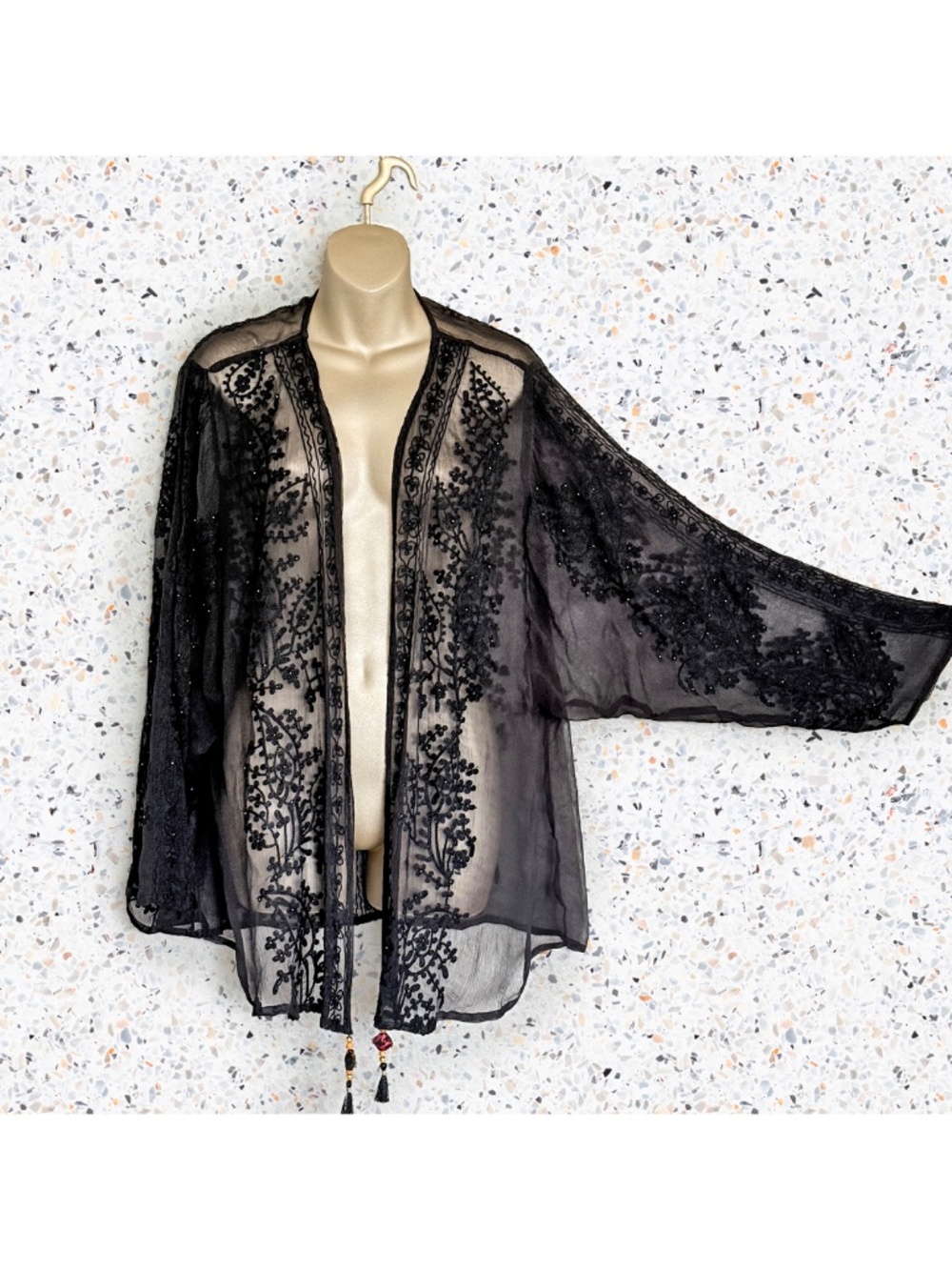 Sheer Black Beaded Kimono Duster Cardigan Whimsigoth Boho Fairy Resortwear Sz XL